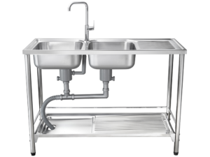 MEX Freestanding Sink, 2 Bowls + Drainer, Stainless Steel, 120 cm, 3-Sided Rail