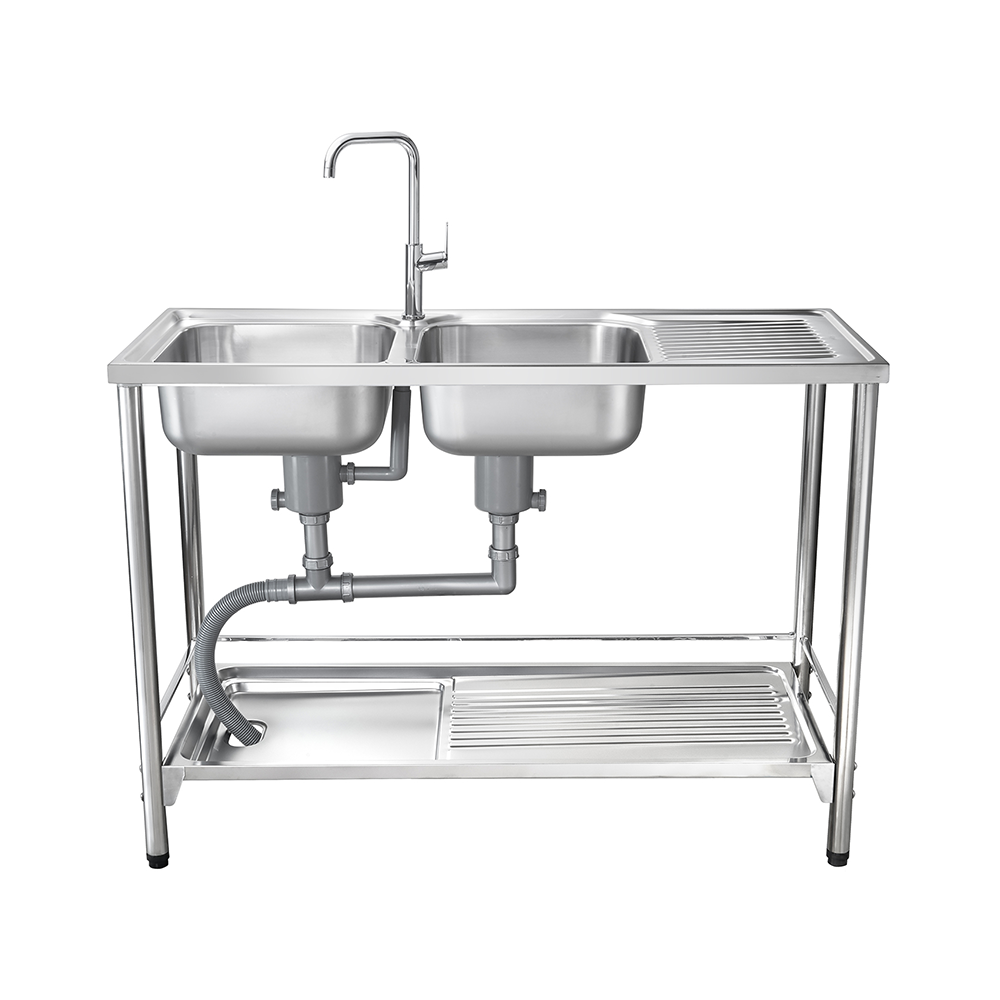MEX Freestanding Sink, 2 Bowls + Drainer, Stainless Steel, 120 cm, 3-Sided Rail