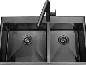 Sink, 2 Bowls, Grey Metal, 87 cm, Free Tap