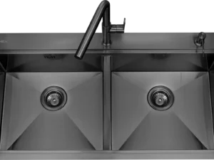 Sink, 2 Bowls, Grey Metal, 98 cm