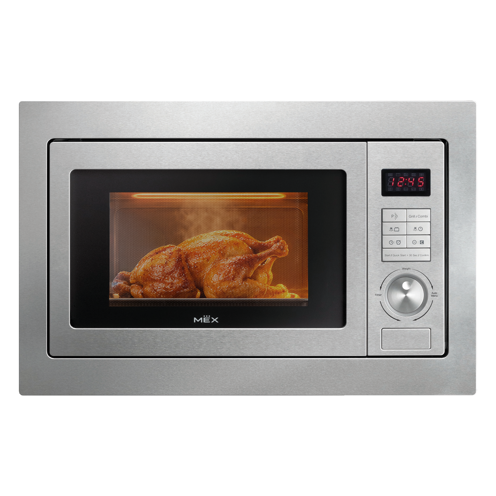 MEX MM625BX microwave oven grilling a chicken to a crisp skin