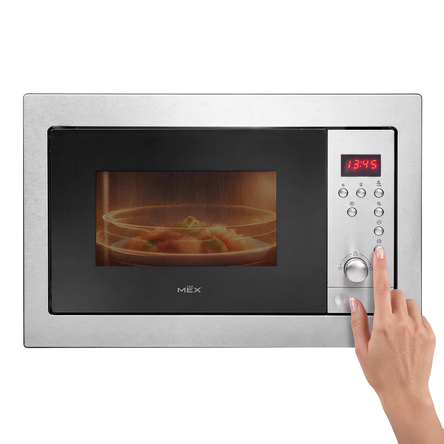 Pressing the control panel of the MEX MM625BX microwave oven